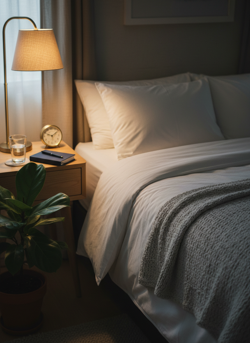 A serene bedroom corner featuring a neatly made bed with crisp white linens and a soft, light-gray throw blanket, adjacent to a small wooden bedside table holding a glass of water, a simple analog alarm clock, and a closed hardcover journal with a pen resting on top. A leafy houseplant sits on the floor nearby, adding a touch of life and color. Warm, dim bedside lamp lighting casts a gentle, golden pool of light on the table while the rest of the room fades softly into shadow. Captured at eye level in photographic realism with a shallow depth of field, the mood is calm, restful, and reassuring, emphasizing the importance of quality sleep and evening routines for midlife wellness.