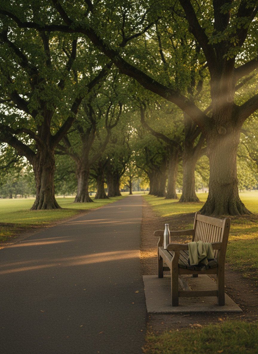A quiet park path lined with mature trees whose branches form a gentle canopy overhead, their leaves in rich green tones suggesting a mild, pleasant season. On one side of the paved path, a sturdy wooden bench rests under dappled sunlight, with a stainless steel water bottle and a neatly folded light jacket placed on the seat, implying a completed brisk walk. The background shows a soft blur of more trees and open grassy areas. Late afternoon golden light filters through the foliage, creating a peaceful, optimistic mood. Photographic realism with a slightly low angle and moderate depth of field gives the scene depth and calm, symbolizing sustainable outdoor activity and stress relief for midlife health.