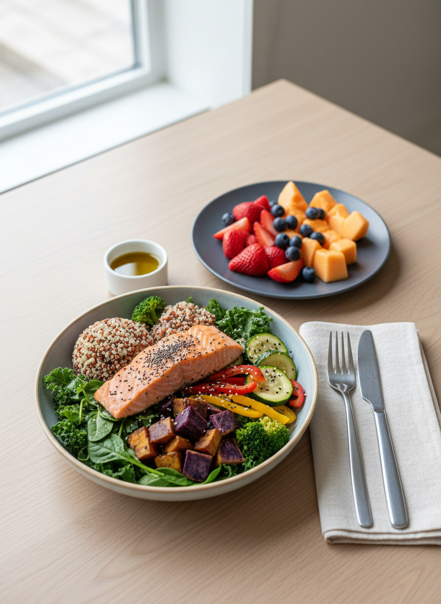 A clean wooden dining table set for one with a wholesome midlife-friendly meal: a large, shallow bowl filled with mixed leafy greens, grilled salmon, quinoa, colorful roasted vegetables, and a sprinkling of seeds, accompanied by a small dish of olive oil dressing. Beside the bowl lies a smooth, dark-gray ceramic plate with sliced seasonal fruit. A linen napkin and simple stainless steel cutlery complete the setting. Natural daylight from a nearby window creates soft, even illumination and gentle highlights on the fresh ingredients. Photographic realism from a slightly overhead angle, with a clear, well-organized composition, gives the scene a professional yet approachable feel, emphasizing mindful eating and balanced nutrition for sustained energy and long-term health in midlife.