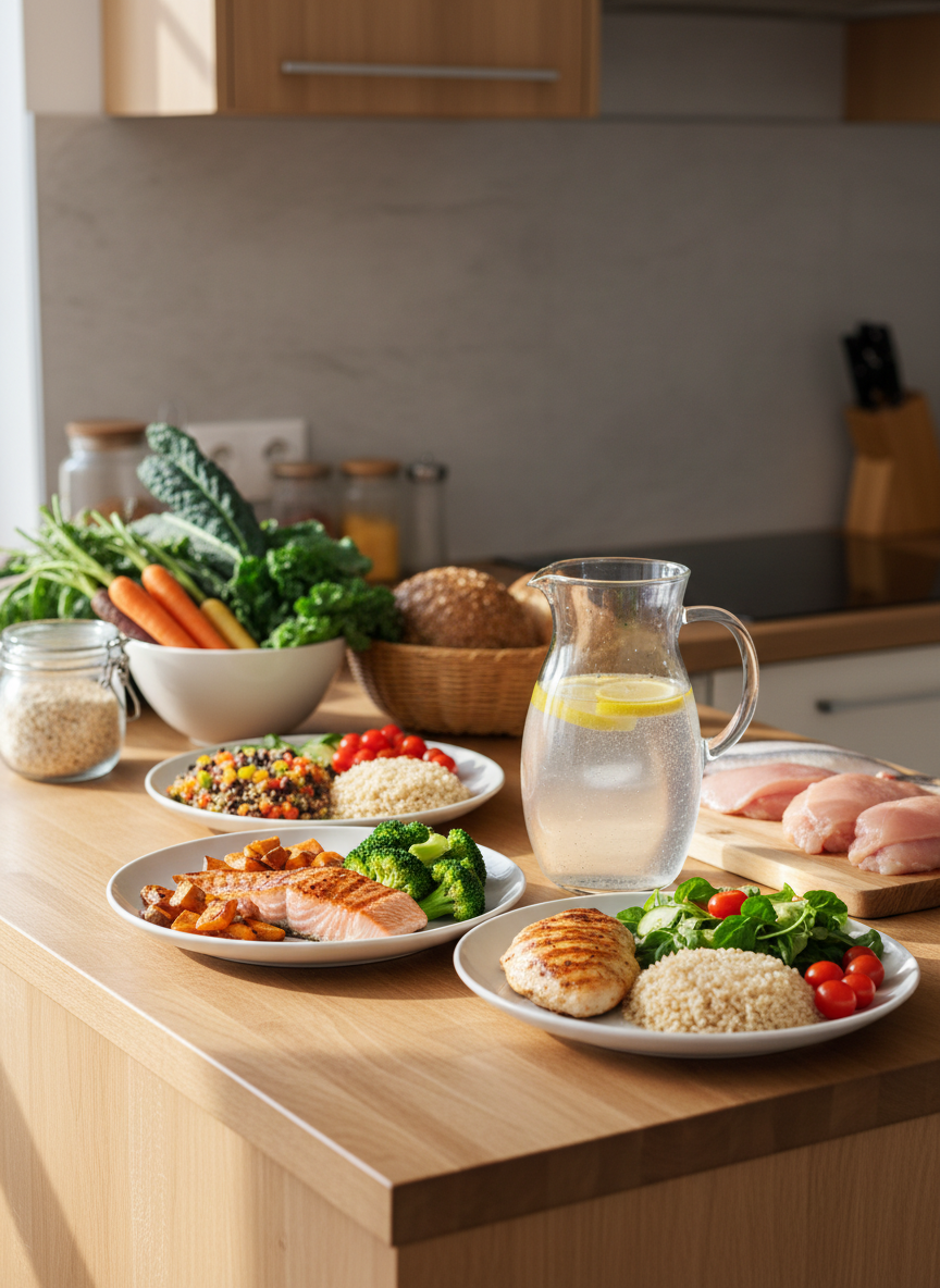 A neatly arranged wooden kitchen counter displaying a colorful assortment of fresh vegetables, whole grains, and lean protein sources, all prepared into balanced portions on simple white ceramic plates. A glass pitcher of water with floating lemon slices stands nearby, with tiny droplets on the surface hinting at its coolness. The setting is a modern, tidy home kitchen with light wood cabinets and a pale stone backsplash. Soft morning sunlight enters from an unseen window, casting gentle, natural shadows and a calm, inviting glow. Photographic realism at eye level, with sharp focus on the food and slightly blurred background, creates a professional, trustworthy atmosphere that communicates practical, sustainable midlife nutrition for long-term health.