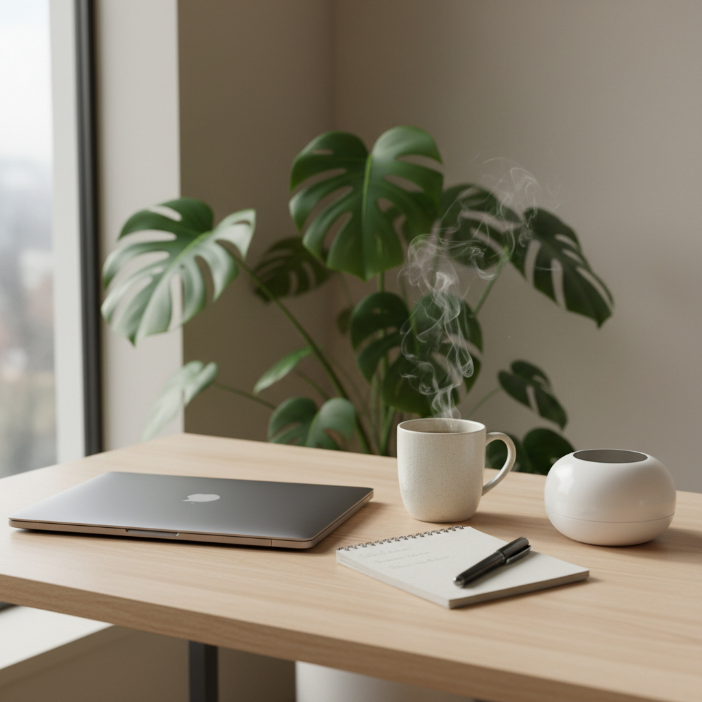 A minimalist home workspace featuring a light wood desk with a slim laptop closed to one side, a ceramic mug of herbal tea gently steaming, and a small notepad open with a pen placed diagonally across it. A digital timer sits nearby, its blank screen reflecting soft ambient light, suggesting a planned break. In the background, a large leafy plant partially covers a simple, light-colored wall. Natural daylight from a side window creates soft, diffused lighting and subtle shadows, keeping the atmosphere calm and focused. Photographic realism at eye level with a shallow depth of field draws attention to the tea and notepad, conveying balanced productivity, stress management, and mental wellness for people in their 40s and 50s.