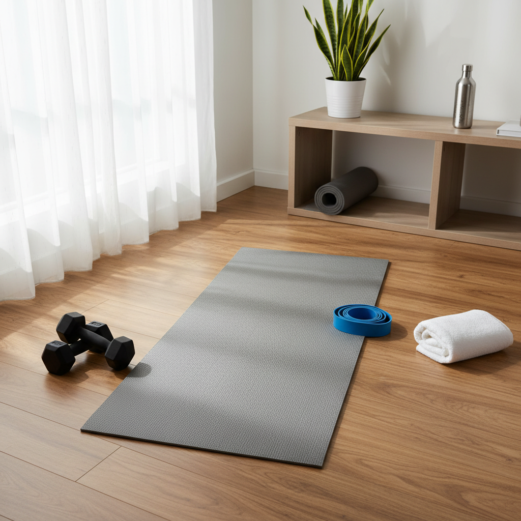 A bright, uncluttered living room featuring a simple gray exercise mat laid out on warm wooden flooring, flanked by a pair of medium-weight dumbbells, a sturdy resistance band, and a neatly folded towel. Against the wall stands a wooden shelf holding a potted green plant, a rolled extra mat, and a stainless steel water bottle with condensation. Soft afternoon light filters through sheer white curtains, creating diffused highlights on the floor and subtle shadows around the equipment. Shot from a slightly elevated angle in photographic realism, the composition uses the rule of thirds to make the space feel approachable and achievable, conveying the idea of consistent, realistic home workouts for midlife health and vitality.